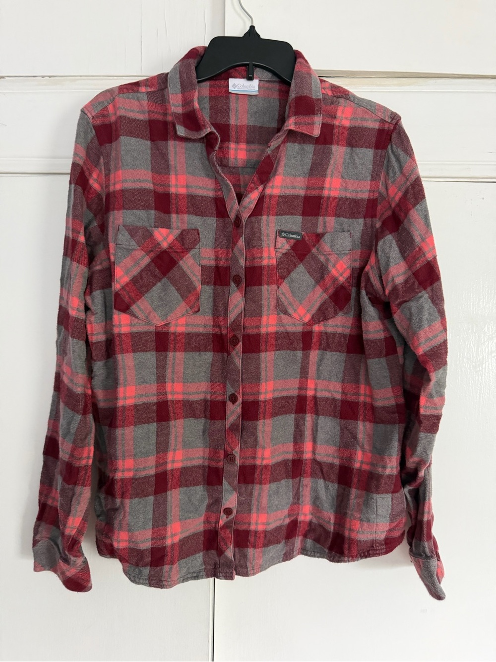 Columbia Women's Red and Gray Plaid Button-Down Shirt